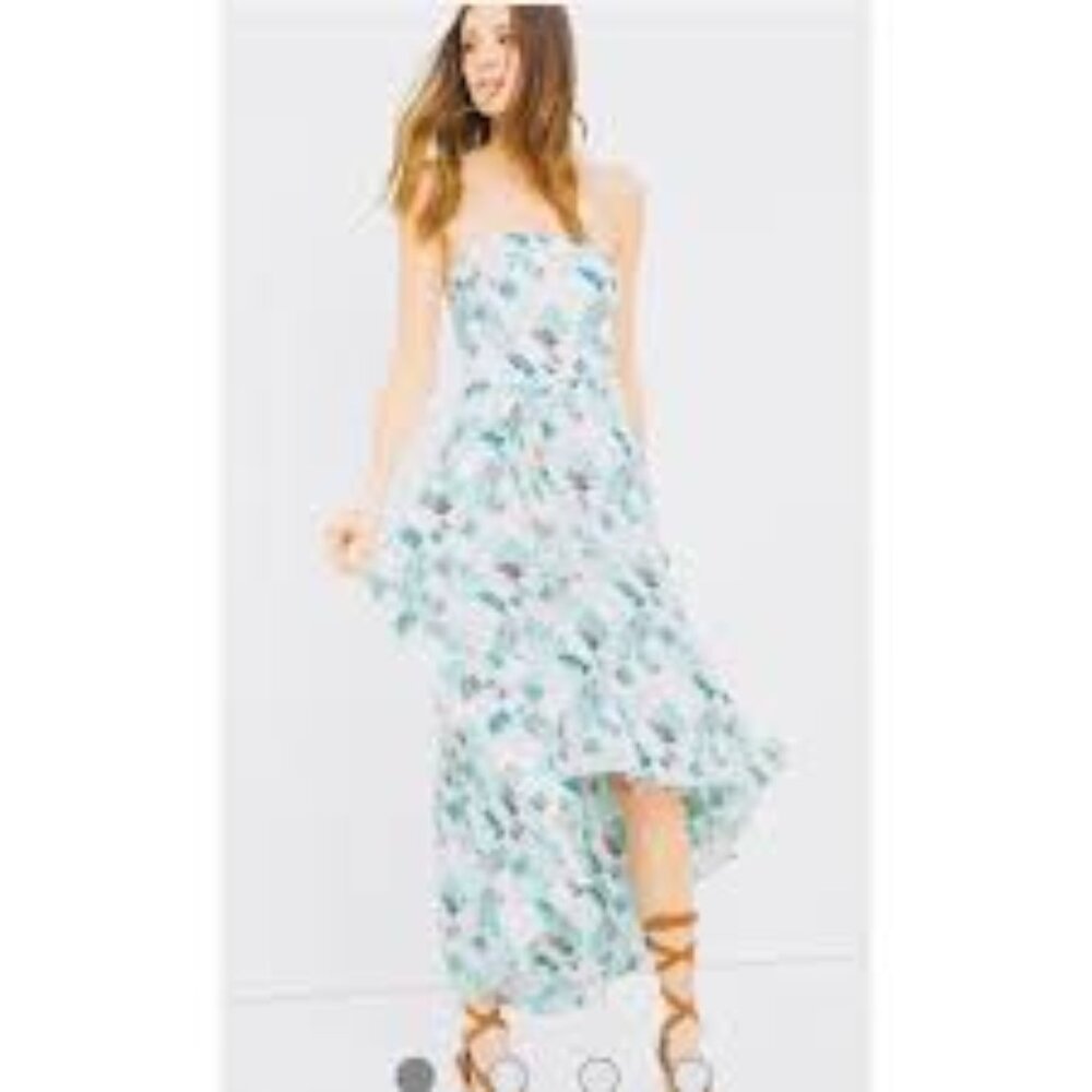 White House Black Market Strapless Floral High-Low Maxi Dress in White and Teal